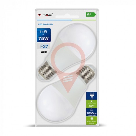 LED Крушка - 11W E27 A60 Термо Пластик бяла светлина 2 бр/Сет
